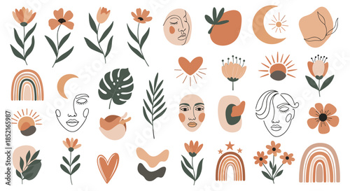 Abstract bohemian illustrations of nature and feminine elements.