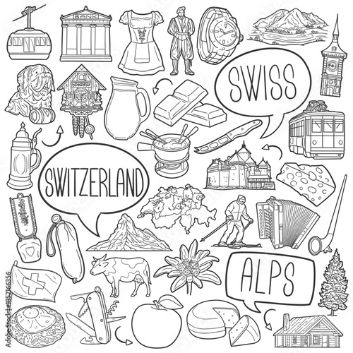 Switzerland icons of culture and traditions in hand drawn line art vector symbols.