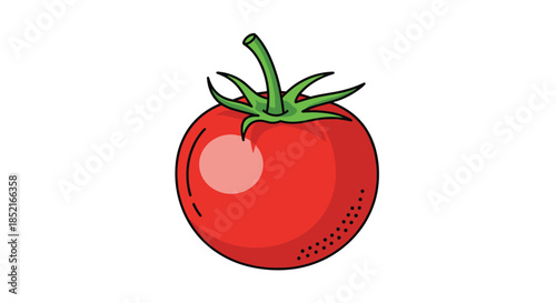 Ripe red tomato with a green stem and leaves on a white background illustration.