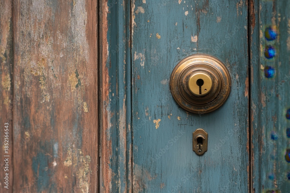 Fototapeta premium Weathered door with brass lock in a rustic setting taking viewers back in time