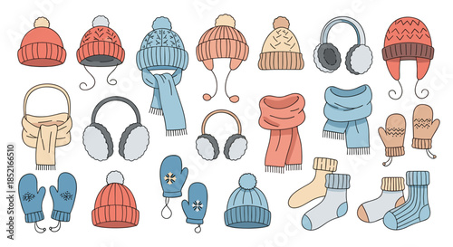 A collection of cozy winter accessories for staying warm in the cold weather.