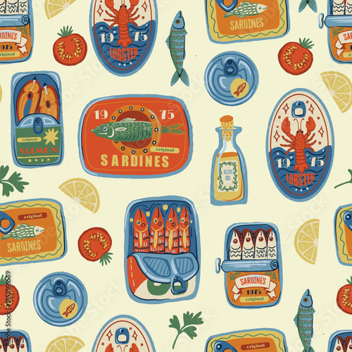 Sardina seamless vector pattern with vintage seafood cans fish oil lemons retro illustration
