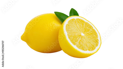Fresh lemon juicy lemon half vibrant yellow citrus fruit with green leaf isolated on transparency background healthy refreshing natural organic tropical