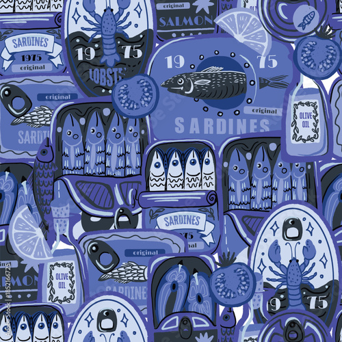 Sardina seamless vector pattern with vintage seafood cans fish oil lemons retro illustration