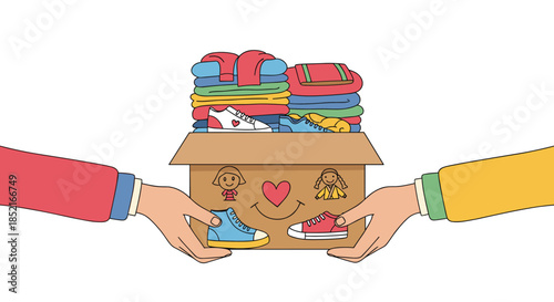 Donating clothes and items in a box to help those in need.
