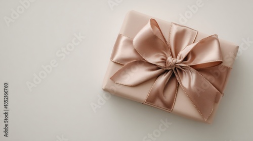 Gift box wrapped in muted blush paper with silk ribbon, placed off-center on matte white background, airy negative space