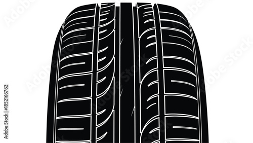 Close up of a black car tire tread pattern against a white background