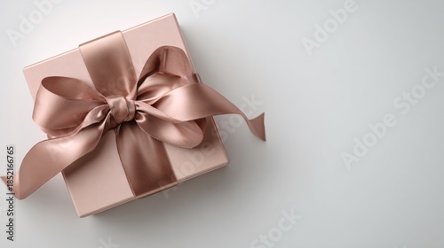 Gift box wrapped in muted blush paper with silk ribbon, placed off-center on matte white background, airy negative space