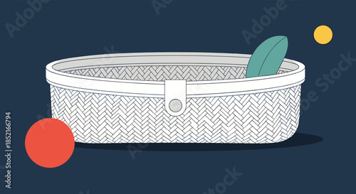 An artistic illustration of a woven basket holding a single green leaf with colorful abstract shapes surrounding it.