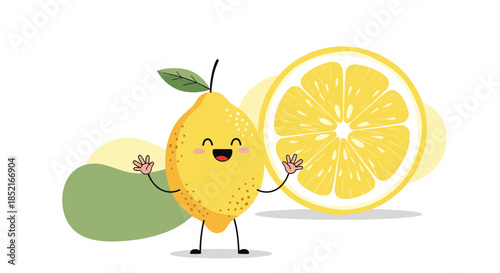 A cheerful cartoon lemon and a sliced lemon background.