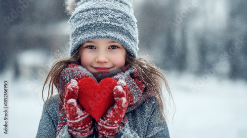 Young child sharing love and warmth, wearing a knitting beanie, scarf, and red gloves during winter