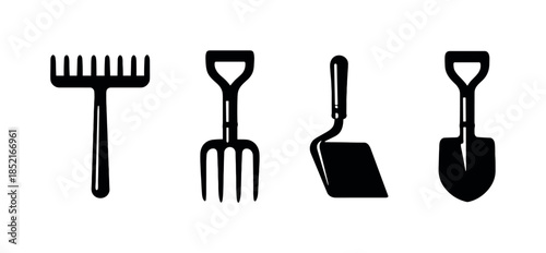 Garden tools vector illustration, shovel, rake, pitchfork, flat vector style