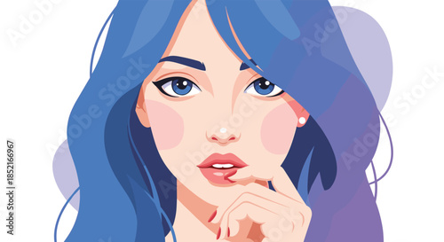 Close up portrait of a beautiful young woman with long blue hair and striking blue eyes.