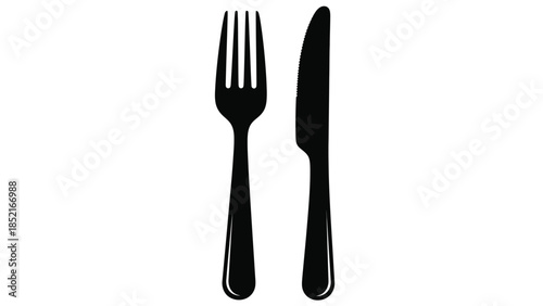 Simple black silhouette illustration of a fork and knife dining utensils