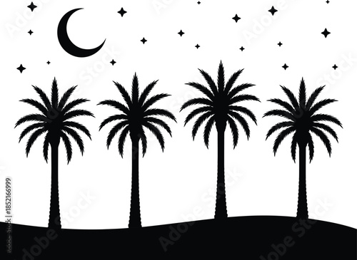 Moonlit Desert Oasis with Silhouetted Palm Trees Under a Starry Sky