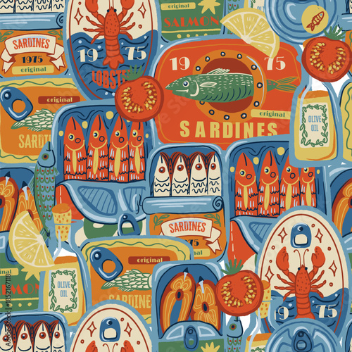 Sardina seamless vector pattern with vintage seafood cans fish oil lemons retro illustration