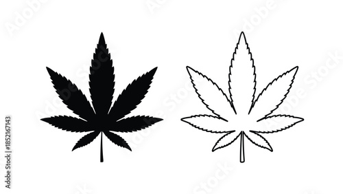 Simple black and white illustration of two cannabis or marijuana leaves
