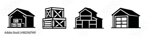 Warehouse designs, black and white flat vector illustration, cabin and shed styles