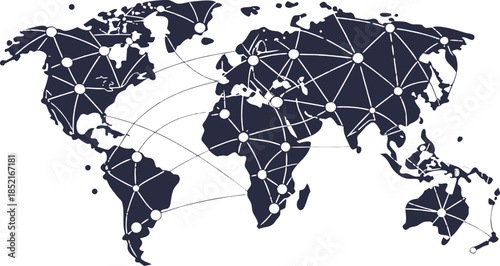 stylized world map with interconnected nodes and lines representing global network technology and communication on transparent background