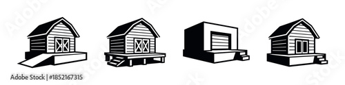 Tiny house designs, black and white flat vector illustration, cabin and shed styles