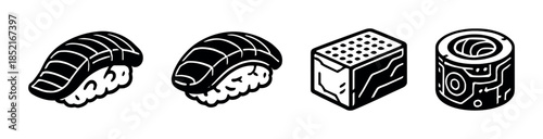 Sushi and seafood collection, flat vector illustration with sashimi and sushi rolls