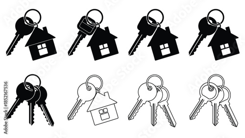 Black and white illustrations of house shaped keychains and keys
