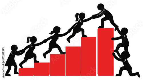 People helping each other climb a staircase of red blocks