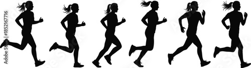 Six black silhouettes of women running in profile on a white background woman female