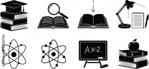 Stack of books with graduation cap magnifying glass atom and desk lamp icons mortarboard tassel