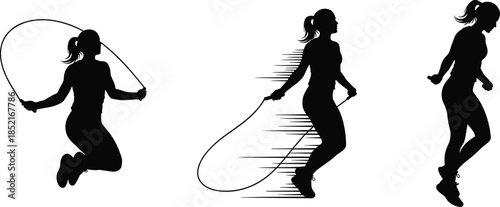 Three black silhouette female figures jumping rope in different poses skipping rope fitness