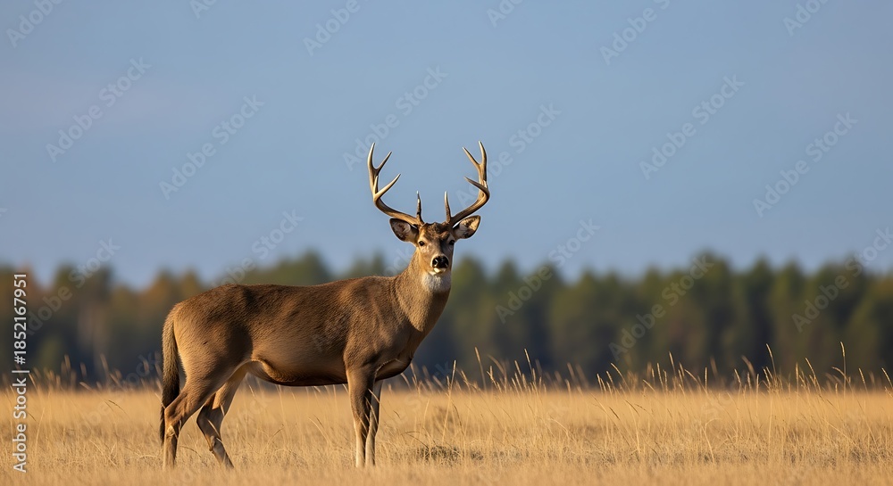 Obraz premium Majestic buck stands in a golden field under a clear blue sky.