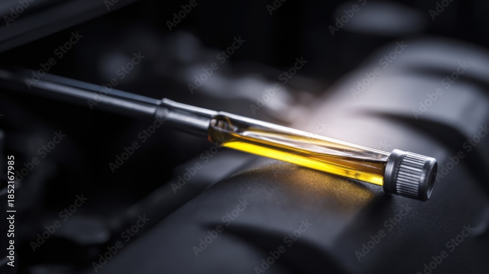 Naklejka premium close up of engine oil dipstick showing dark but normal used oil, clean engine bay background, realistic lighting, automotive macro photography