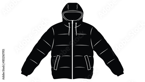 A black and white illustration of a quilted hooded puffer jacket