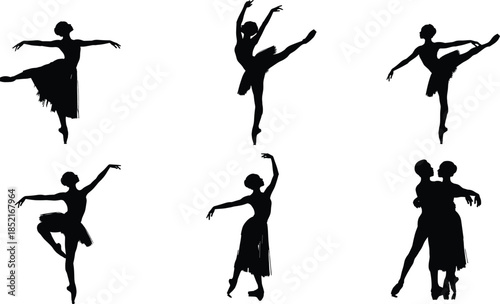Ballet dancer silhouettes, elegant poses, classical movement, dance art, black figures, flexibility, grace, partnered pose, extended leg, raised arms, isolated backgroistic