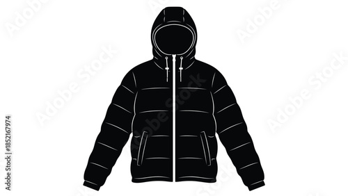 A black and white illustration of a hooded puffer jacket design