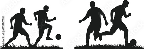 Two pairs of black soccer player silhouettes kicking a ball on grass football players
