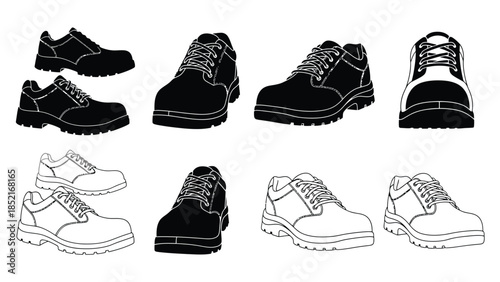 Various styles of work boots and casual shoes in black and white
