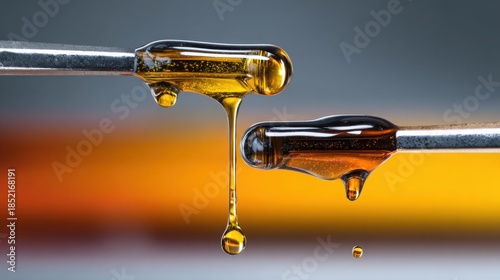 comparison of normal viscosity engine oil and degraded oil, dripping speed difference from dipstick, clean technical background, realistic macro style