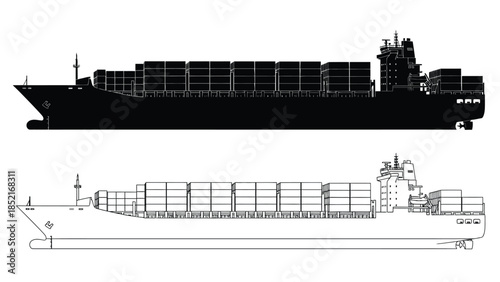 Detailed blueprint of a large container ship showcasing its structural design