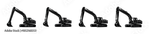 Construction excavator set, flat vector illustration in silhouette style