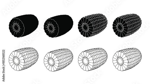 Illustrations of corn cobs in various stages of processing and detail