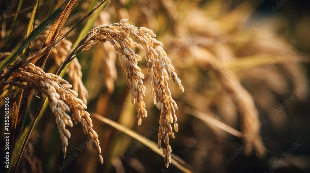 Obraz premium Golden Rice Grain on the Plant Under Bright Sunlight Showcasing the Beauty and Richness of Agricultural Harvesting in Autumn Season