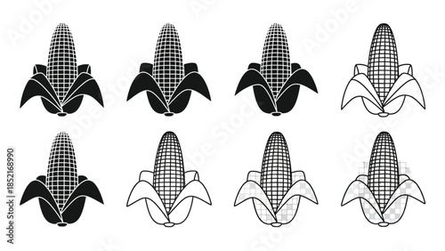 Illustration of eight corn cobs in varying shades and perspectives