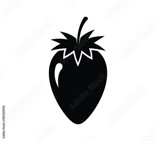 Simple black and white illustration of a strawberry with a leaf on top