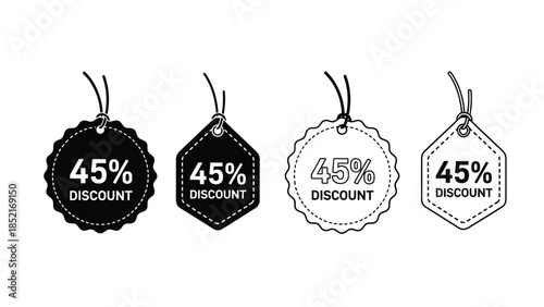 Four black and white discount tags displaying forty five percent off