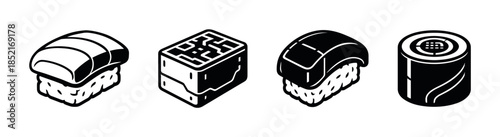 Sushi and rolls icons, flat vector illustration, japanese food clip art