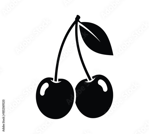 Simple black and white illustration of two cherries with stems and leaves presented