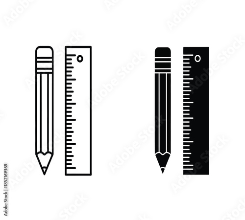Simple black and white illustration of pencils with rulers depicting measurement tools