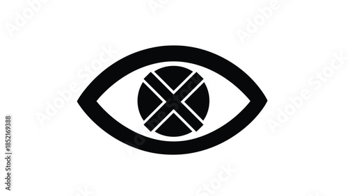 A stark black and white graphic of an eye with a complex inner design