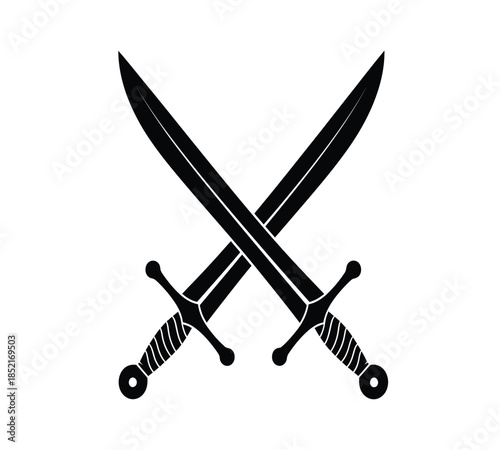Two crossed swords a black and white illustration of traditional weaponry and historical conflict